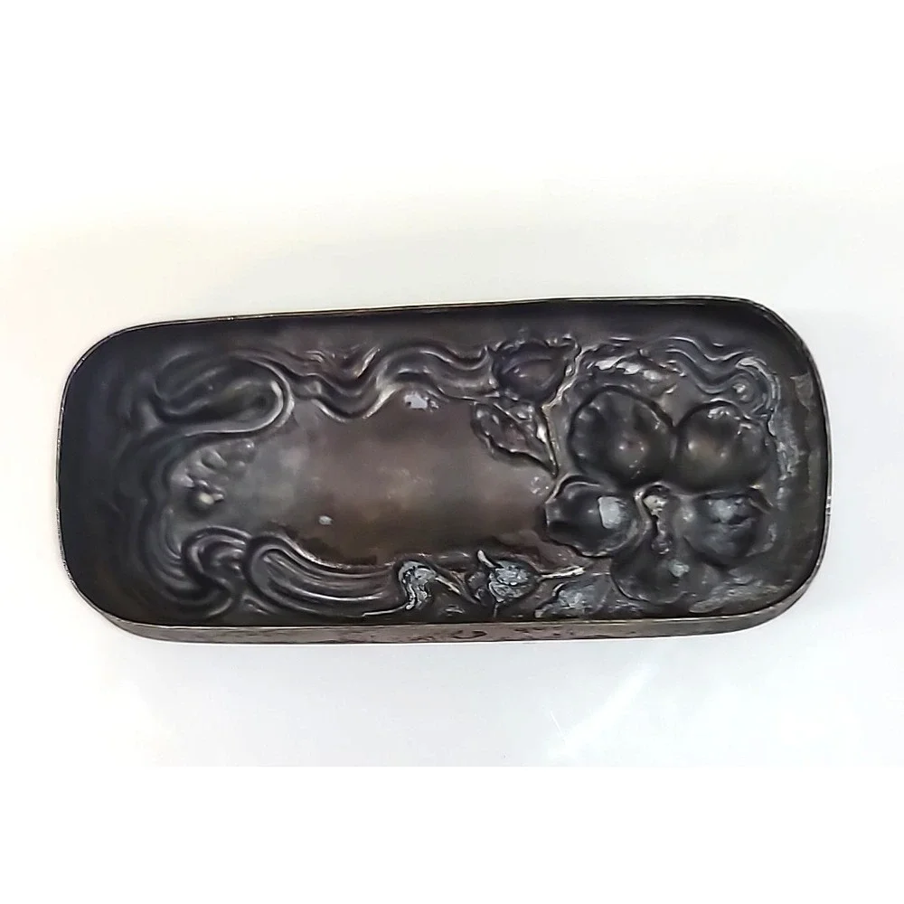 Vtg Clear Crystal Hat Pin/Hair Pin Vanity Box Metal Lid w/Hibiscus Flower